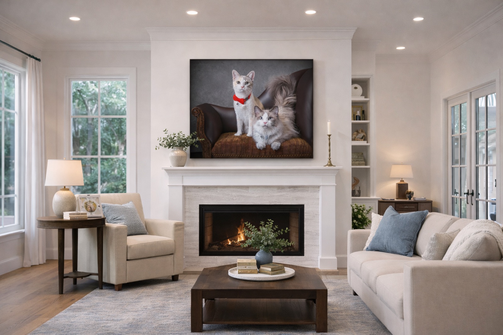 Cat portrait above fireplace